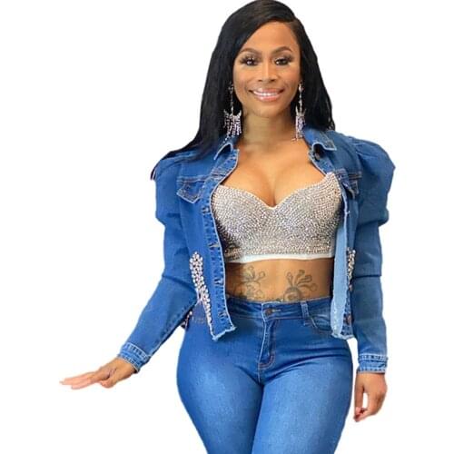 Sexy Button Cropped Jacket Denim Coat Hot Rhinestones Women Cute Jacket Long Sleeve Turn-down Collar Top Spring Clothes 2021