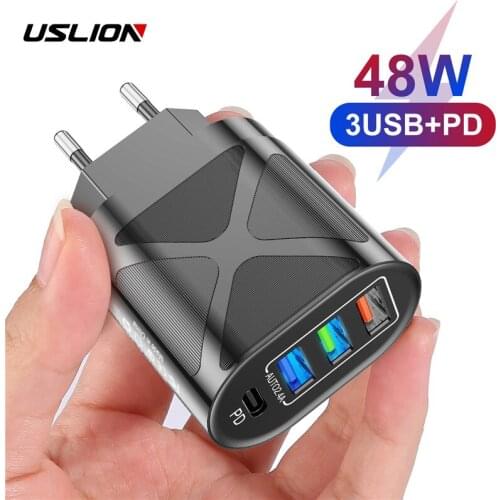 USLION 4 Ports QC 3.0 USB Charger EU US UK LED Fast Charging Wall Charger Adapter For iPhone 12 Samsung Xiaomi Phone Charger