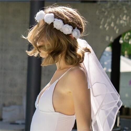 Bridal Shower Veil White Rose Wreath Veil Bachelorette Party Bridesmaid Wedding Decoration Party Decor Bride Headdress Favor-S