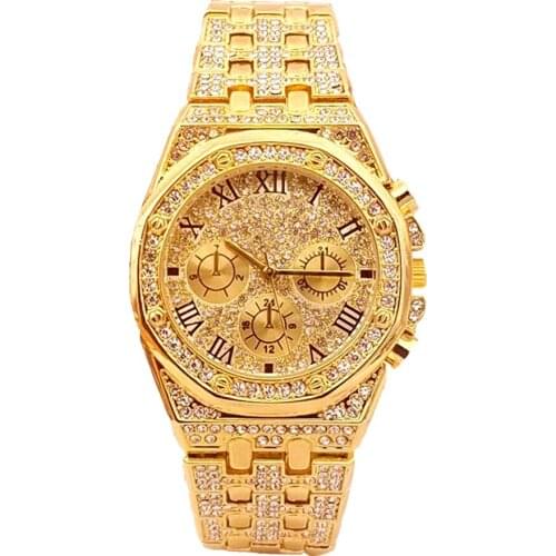 XSVO Mens Fashion Trend Octagonal Rivet Oversized Dial Three-Eye Rhinestone Diamond Stainless Steel Band Quartz Wristwatches