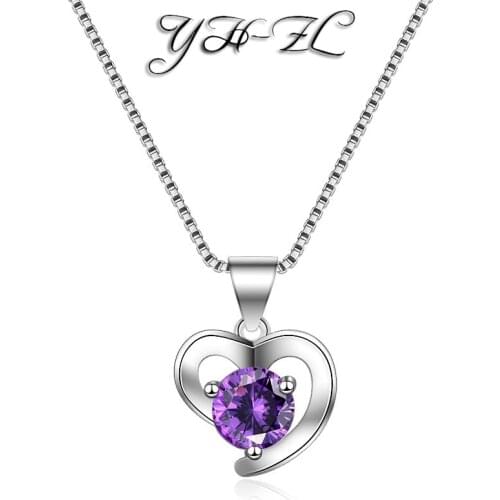 YH-ZL Classic Zircon Glass Heart Purple CLear Crystal Necklaces & Pendants Statement Chain Necklace Woman Anime collares