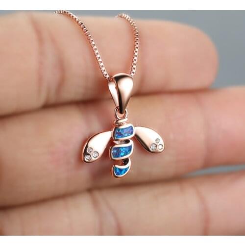 Female Cute Small Bee Pendant Necklace Blue Opal Stone Animal Necklace Rose Gold Color Chain Necklaces For Women Wedding Jewelry