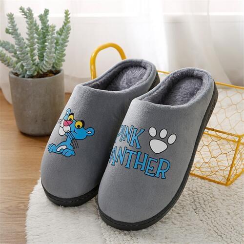 Cartoon Panther Winter Slippers Indoor Non-slip Warm Home Cotton Slippers Thick-soled Rabbit Wool Male Shoes PVC