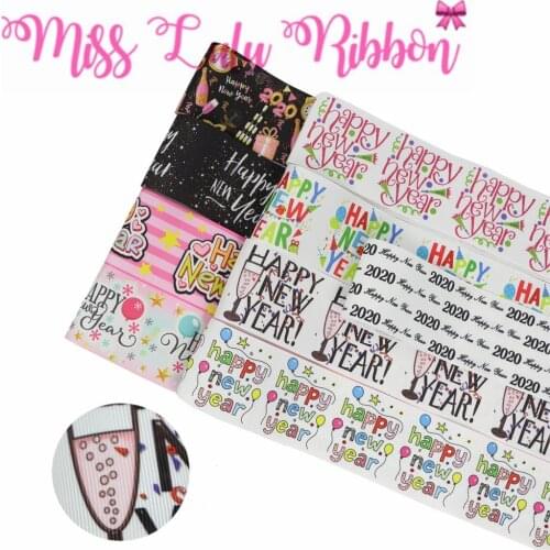 16mm-75mm Happy New Year Colorful Stripes Shiny Star Printed Grosgrain/Foe Ribbon DIY Hair Bowknots Party Decor 50yards/roll