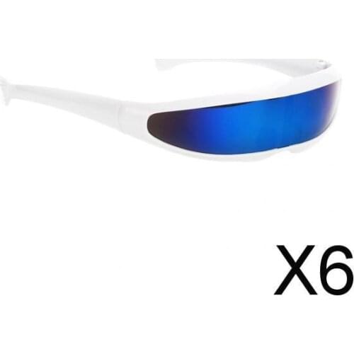 6xFuturistic Narrow Lens Visor Eyewear Sunglasses White Frame Blue Mirrored