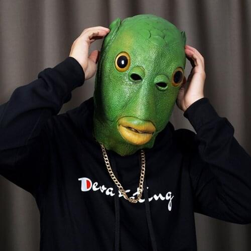 Funny Cosplay Costume Unisex Adult Women Men Carnival Party Green Fish Head Mask Headgear Alien Emulsion Make Fun of Toys Gifts