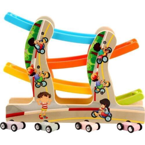 Children Diecasts Toy Wooden Vehicles Early Education Toys Car Four-layer Track Pulley Slide Car Baby Kids Toy Vehicles