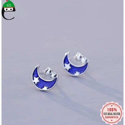 ElfoPlataSi Real 925 Sterling Silver Moon Star Stud Earring Love Gift for Daughter Gilrs Birthday Fine Jewelry DD001