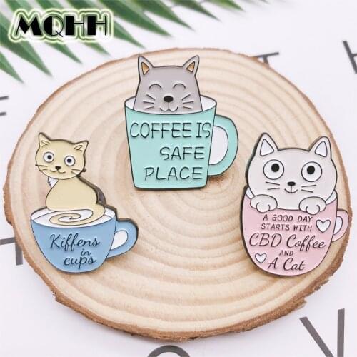 Cartoon Cute Animals Cat Coffee Cup Enamel Brooch Sweet Alloy Badge Clothes Bag Pin Fashion Woman Jewelry Gift For Friends