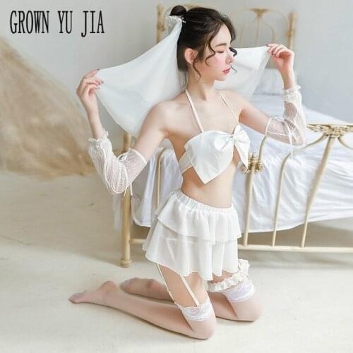 Erotic Perspectivity White Bride Wedding Dress Garter Skirt Cosplay Sexy Costume Push Up Lingerie Set Porno Bridal Veil Sex Play