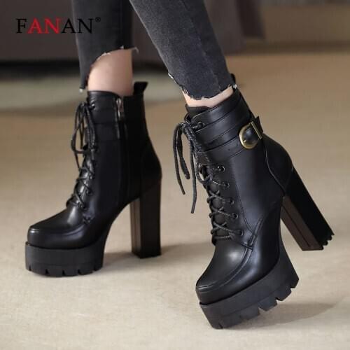 FANAN Platform Boots Women Black Green High Heels Goth Boots Ankle Boots Shoes for Women Buckle Strap High Heel Shoes Woman 2020