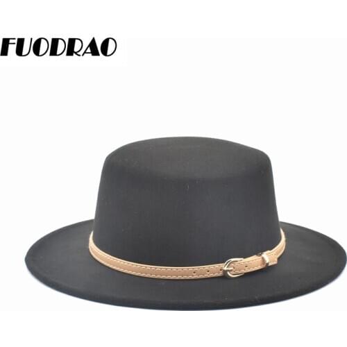 FUODRAO New Autumn Wool Blend Fedora Women Solid Colors Flat Top Wide Brim Lady Bowler Hats Jazz Cap Elegant Black Panama P36