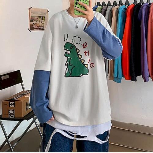 Printed fake two-piece long-sleeved t-shirt autumn new cartoon male female students Korean version loose Harajuku bf style cloth