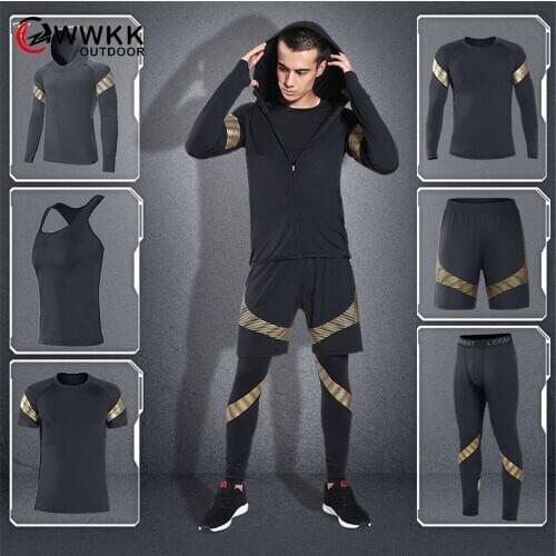 New Men 6 Pieces Set T Shirt+Vest+Hooded Coats+Short+Trousers Male Yoga Quick Dry Style Fashion Hot Sportswear Fitness Tracksuit