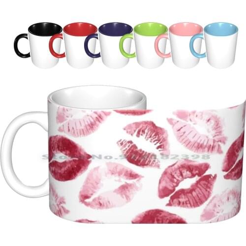 Kisses Ceramic Mugs Coffee Cups Milk Tea Mug Lipstick Lips Color Human Kiss Red Pink Beauty Pattern Mouth Females Womens