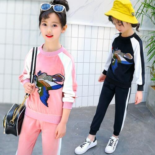 Teens Girl Clothes Suit 2018 Spring Animal Embroidery Sweater + Pocket Pants Kids School Casual Sports Childrens Suit