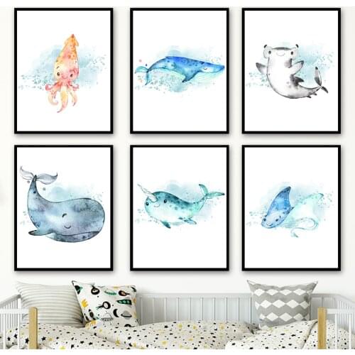 Sea Whale Octopus Dolphin Marine Life Wall Art Canvas Painting Nordic Posters And Prints Cartoons Wall Pictures Kids Room Decor