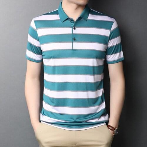 Mens Polo Shirts Short Sleeve Natural Silk Cool Summer Clothes Fashion Striped Print Casual Business Workwear polos para hombre