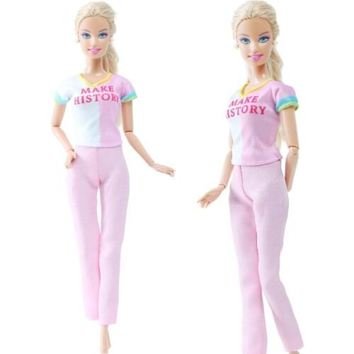 BJDBUS Doll Outfit for Barbie Doll Pink Color Doll Sport Daily Casual Wear T-shirt Trousers Clothes Kids Playhouse Accessories