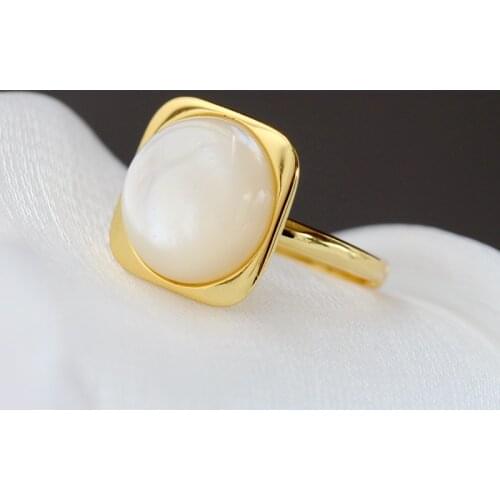 Natural Mother Of Pearl Shell 18K Gold Plated Ring Classic Geometric Square Design 925 Sterling Silver Opening Adjustable Ring