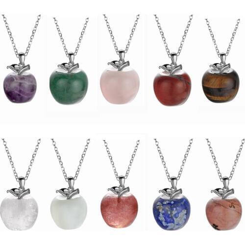 ASHMITA Natural stone Carved Apple Pendant Figurine Statue with Alloy Leaf Healing Stone Crystal Necklace Christmas Gifts