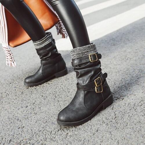 New Buckle Motorcycle Boots Women British Style Ankle Boots Round Toe Punk Low Heel Ankle Boots Autumn Winter Women Shoe MAZIAO