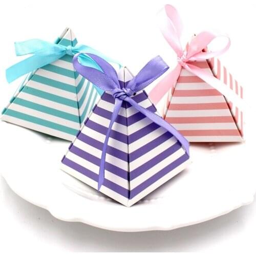 Newest Pyramid Candy Boxes With Ribbon Striped Gift Box For Guests Wedding Party Favor Decora Baby Shower Birthday Party