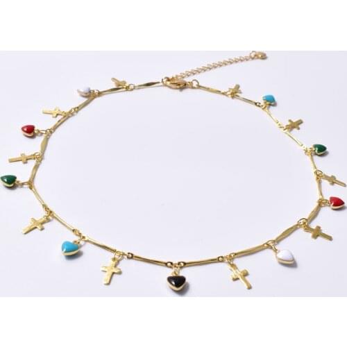 Choker Necklaces Jewelry Colorful Heart And Cross Golden Necklace Charm Short Choker For Women Charming Vacation Jewelry
