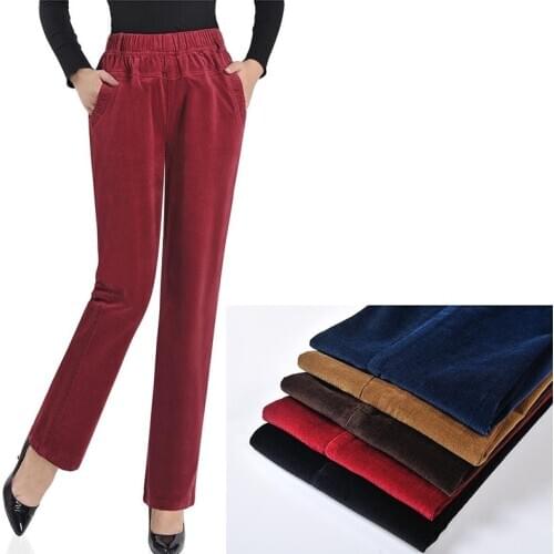 Plus size L-5XL Corduroy Straight Pants For Ladies Casual Elastic waistline Mom vintage solid Pants basic Women Trousers