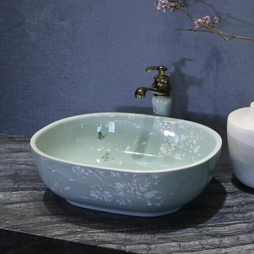 Europe style luxury bathroom vanities chinese Jingdezhen Art Counter Top ceramic oval with green ceramics vanity basin