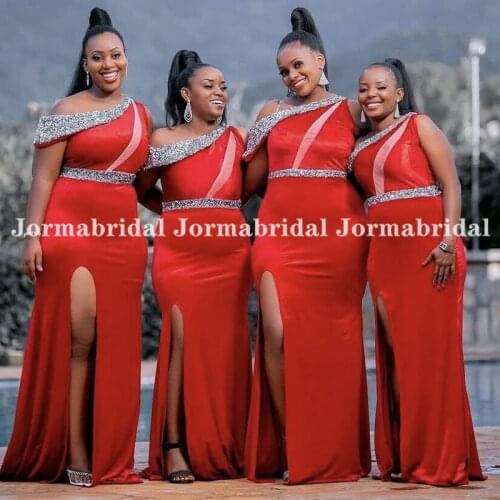 Luxury Shiny Sequins Red Bridesmaid Dresses Off One Shoulder Plus Size High Slit Mermaid Wedding Guest Dress For Kenya Women
