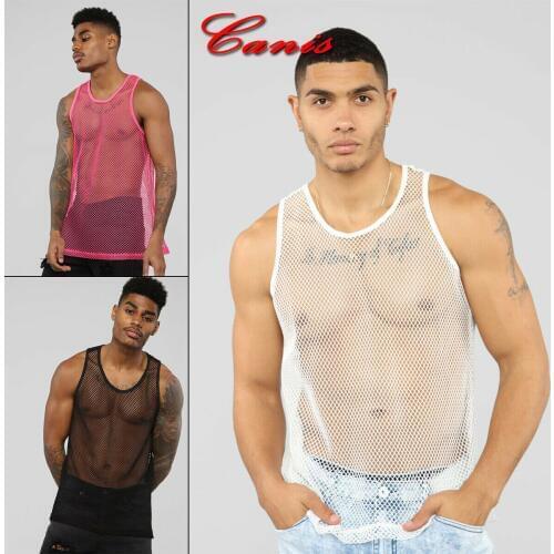 US Sexy Mens Mesh Sheer Fishnet GYM Muscle Tank Top Fitted Clubwear Undershirt