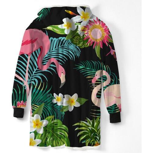 Tropical Plants Flamingo Printed Hooded Sleeve Blanket for Adults Warm Wearable Fleece Soft Throw Blanket Cloak Microfiber Sofa