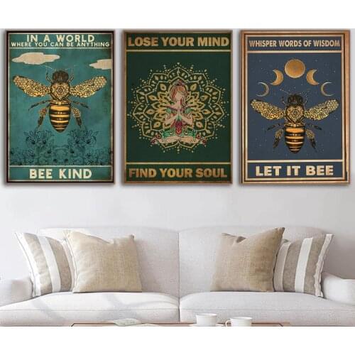 Vintage Bee Yoga Nordic Poster Bee Kind Let It Bee Wall Art Canvas Painting Posters Wall Pictures For Living Room Unframed
