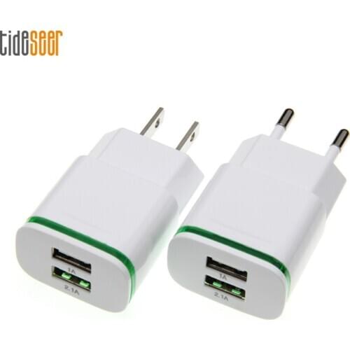 USB Charger Dual 2 Port 5V 1A 2.1A EU US Travel Wall Adapter LED Light Mobile Phone Chargers For iPhone 11 X Samsung LG 300pcs