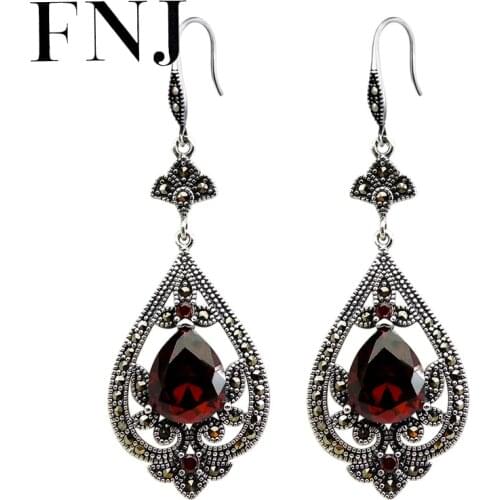 FNJ MARCASITE Earrings 925 Silver Original Pure S925 Sterling Silver Drop Earring for Women Jewelry Red Zircon