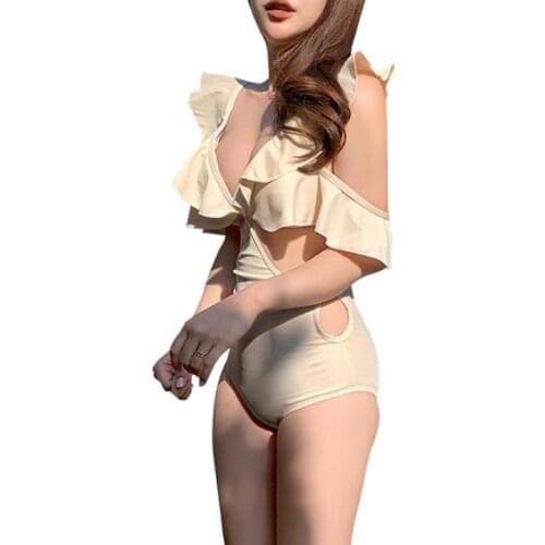 Womens Solid Color Swimsuit Deep V-neck Hollowed Waist Ruffled Triangle Tank Swimwear for Hot Spring/Swimming