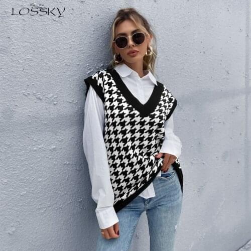 Women Houndstooth Sweater Vest Korean Style Sleeveless Knitted V-Neck Sweaters Elegant Black Basic Top Casual Fashion Pullover