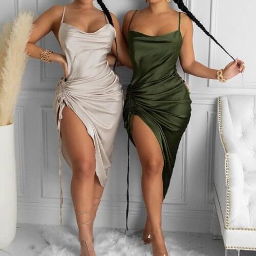 Ruched Satin Summer Dress Drawstring Spaghetti Straps Cowl Neck Backless Long Dresses for Women Party Sexy Vestidos 2021