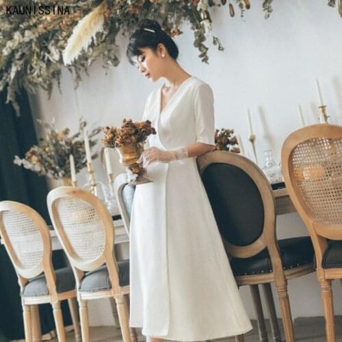 KAUNISSINA Summer Satin Wedding Dresses Women V-Neck Half Sleeve Simple Short Wedding Gowns White Boho Bride Dress Custom Made