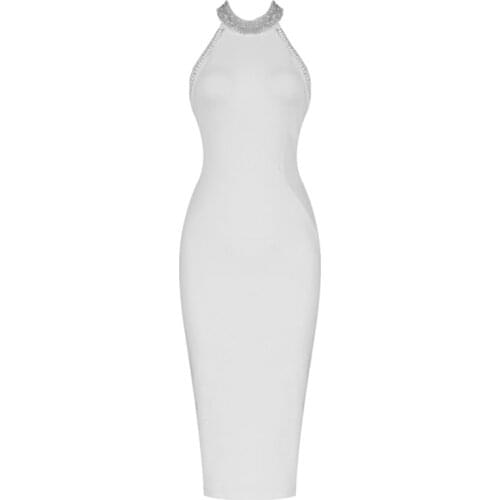 2021 New Women Dress Summer Party Club Celebrity Beading Bandage Dress Bodycon White Ladies Elegant O Neck Clothes