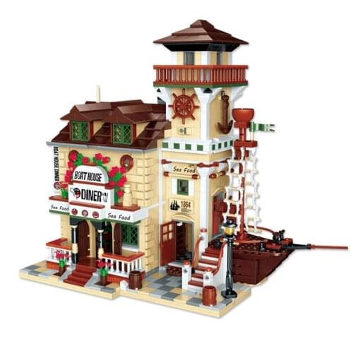 12003 Lighthouse Fisherman Series Houseboat Restaurant 2237PCS Assembled Building Block Bricks Toys For Children birthday Gift