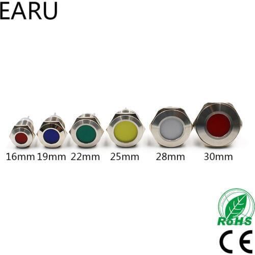 16mm 19mm 22mm 25mm 28mm 30mm Waterproof IP67 LED Metal Indicator Pilot Signal Warning Lamp Light 5V 12V 24V 110V 220V Red Blue