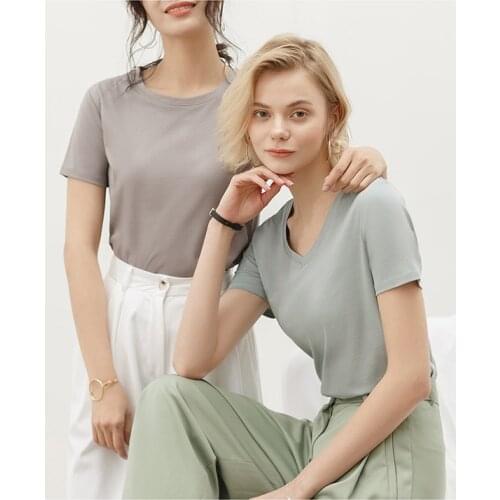 100% Cotton Summer T-Shirt Women Short Sleeve V-Neck Female Khaki Solid Tees Basic Loose Vintage Casual Lady Tops Free Shipping
