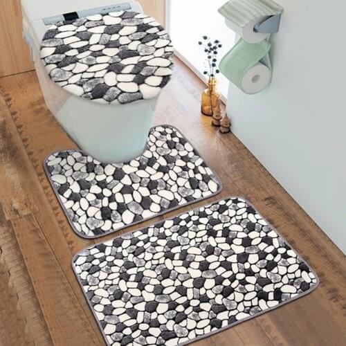 3Pcs Bathroom Non-slip Cobblestone Carpet Rug Mat Toilet Seat Cover Home Decor