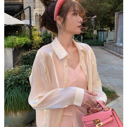 #8269 Summer Sunscreen Shirt Women Long Sleeves Chiffon Transparent Shirt Femme Sexy Loose Casual Women Shirts Korean Fashion
