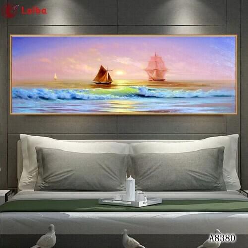 Diamond painting Abstract art, sunset ocean sailing cross stitch diamond embroidery mosaic room Decor