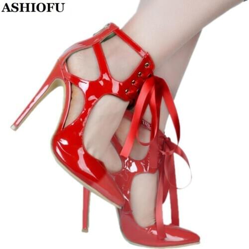 ASHIOFU New Style Handmade Ladies High Heel Pumps Cross Shoelace Wedding Party Dress Shoes Pointy Sexy Evening Stiletto Shoes