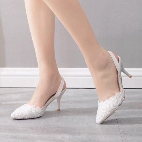 Crystal Queen Summer Elegant Women 7CM High Heels Wedding Sandals Designer Shallow White Lace Party Shoes