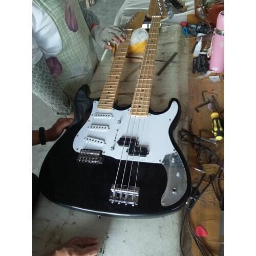 Double neck black electric guitar and bass basswood body maple fingerboard